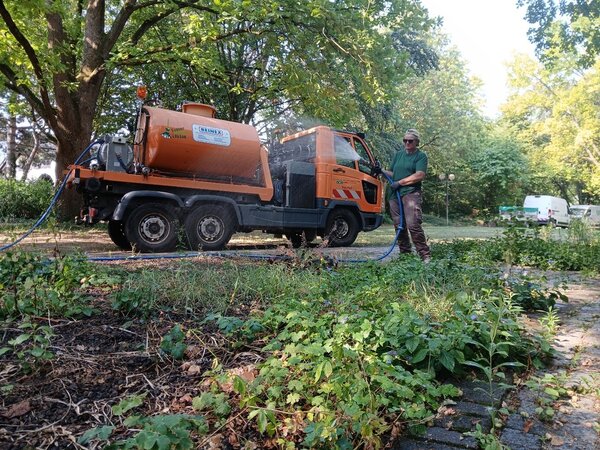 Bild vergr��ern: Bei anhaltender Trockenheit sind die Mitarbeitenden des EWL die ganze Woche �ber mit festgelegten Gie�routen im Landauer Stadtgebiet unterwegs. Pro Einsatztag verteilen sie rund 8.000 bis 10.000 Liter Wasser.
Foto: EWL, zum Abdruck frei